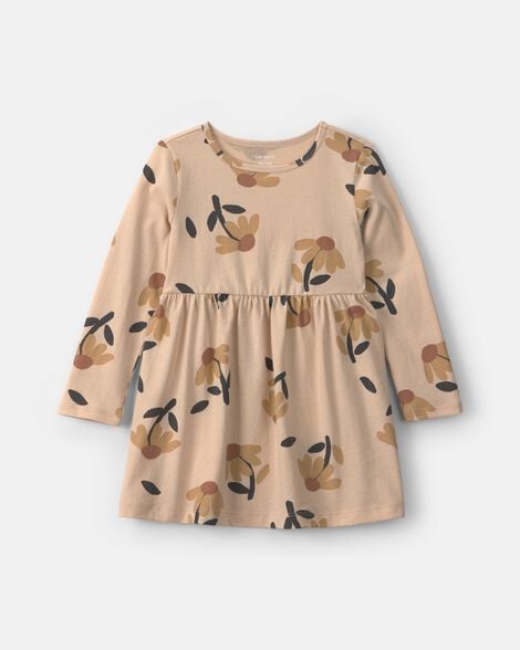 toddler girl floral long-sleeve dress - tan