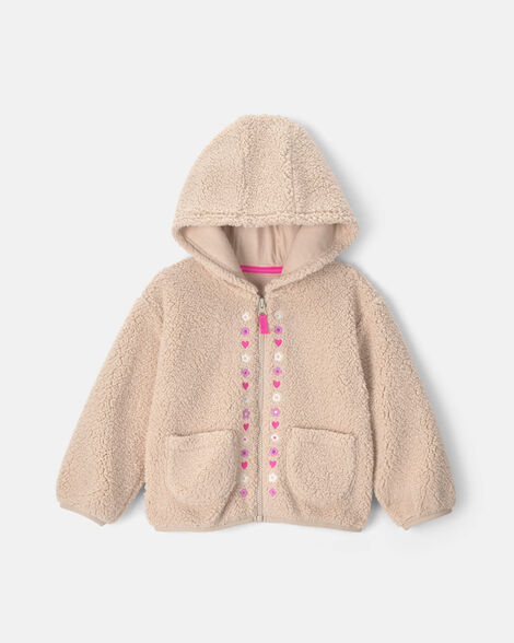 flower teddy fleece zip-up hoodie - cream