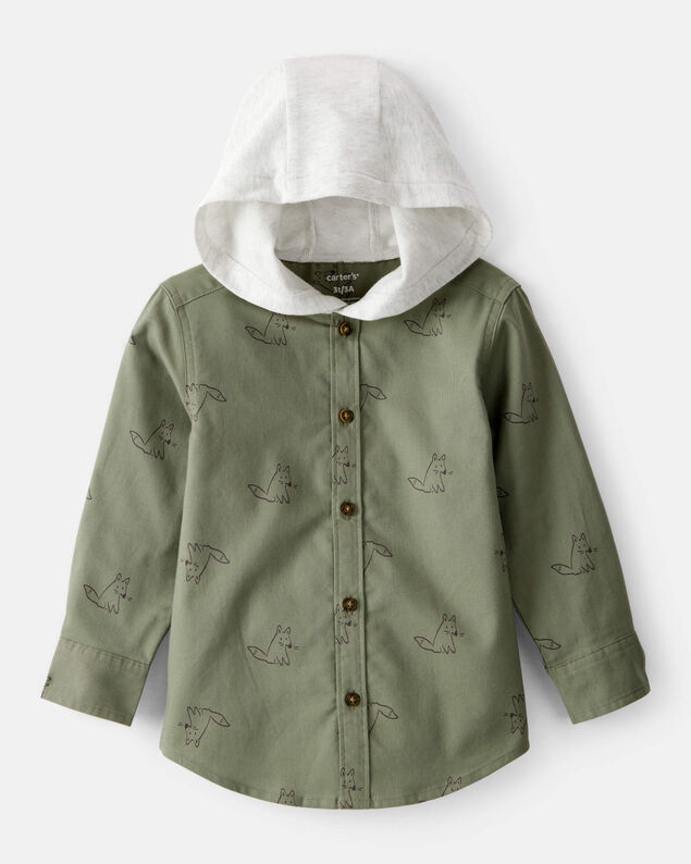 Product image 1 of Toddler Boy Racoon Print Cotton Long-Sleeve Hooded Button-Down Shirt - Green