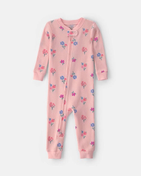 toddler girl 1-piece floral thermal waffle knit pajama - pink