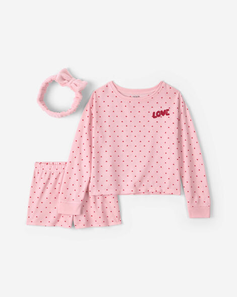 girls 'love' valentine's day polka dot loose fit 3-piece pajama set - pink