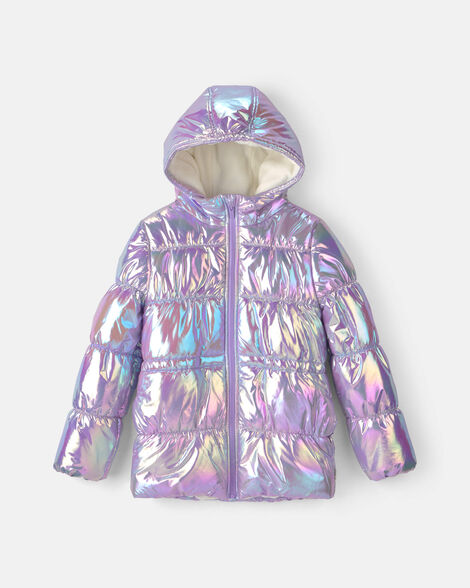 girls iridescent hooded heavyweight winter jacket - purple/pink