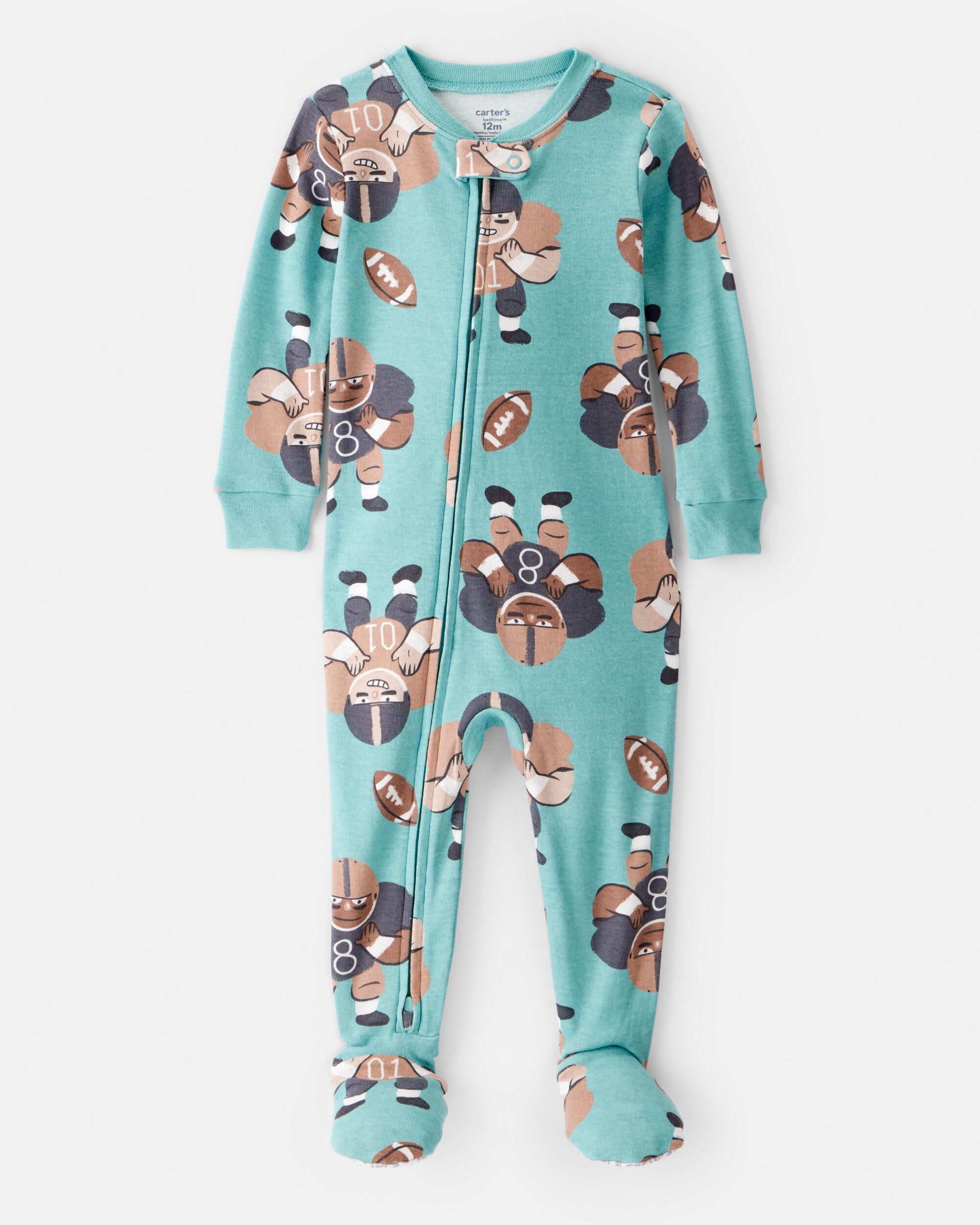 Baby Boy Football Print 100% Cotton Long-Sleeve 2-Way Zip 1-Piece Pajamas - Green
