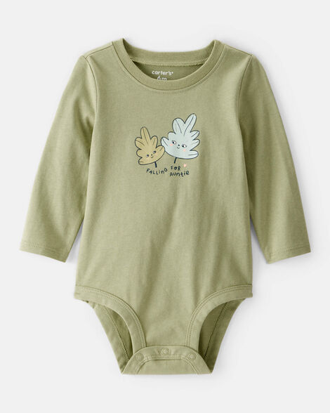 baby girl auntie cotton long-sleeve graphic bodysuit - green