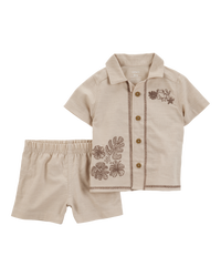 Baby 2-Piece Shirt & Short Set with Embroidered Frog - Khaki