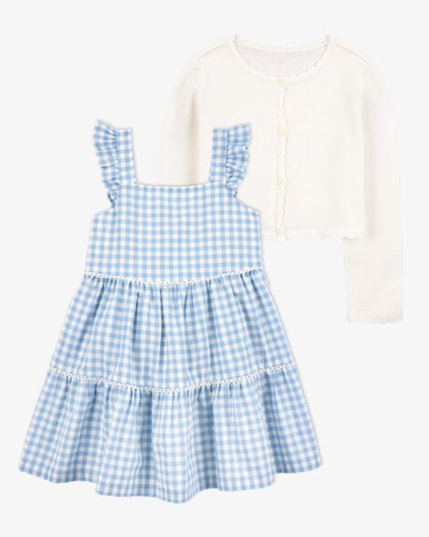  Product image 1 of Toddler 2-Piece Gingham Dress & Wave Trim Cardigan Sweater Set