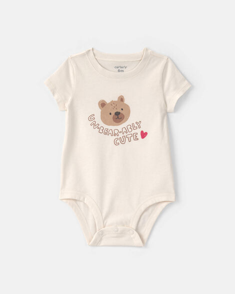 baby girl 'unbearably cute' bear short-sleeve graphic bodysuit - cream