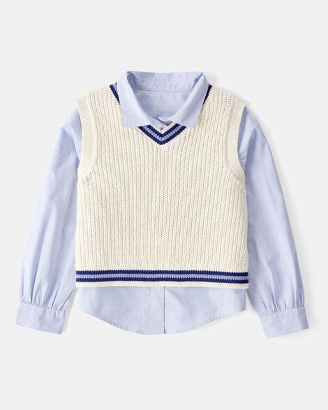 kid 2-piece button-front shirt & sweater vest top - blue/white
