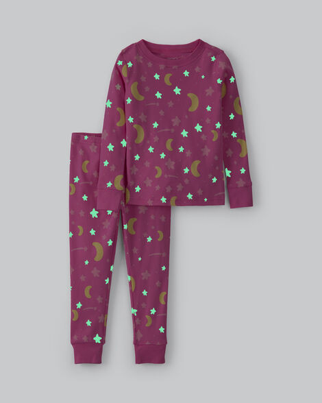 toddler girl 2-piece star glow in the dark 100% cotton snug fit pajama set - pink