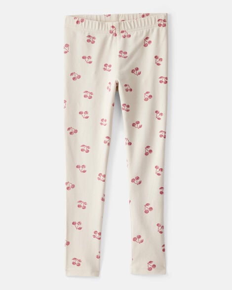 girls cherry print cotton pull-on stretch leggings - ivory
