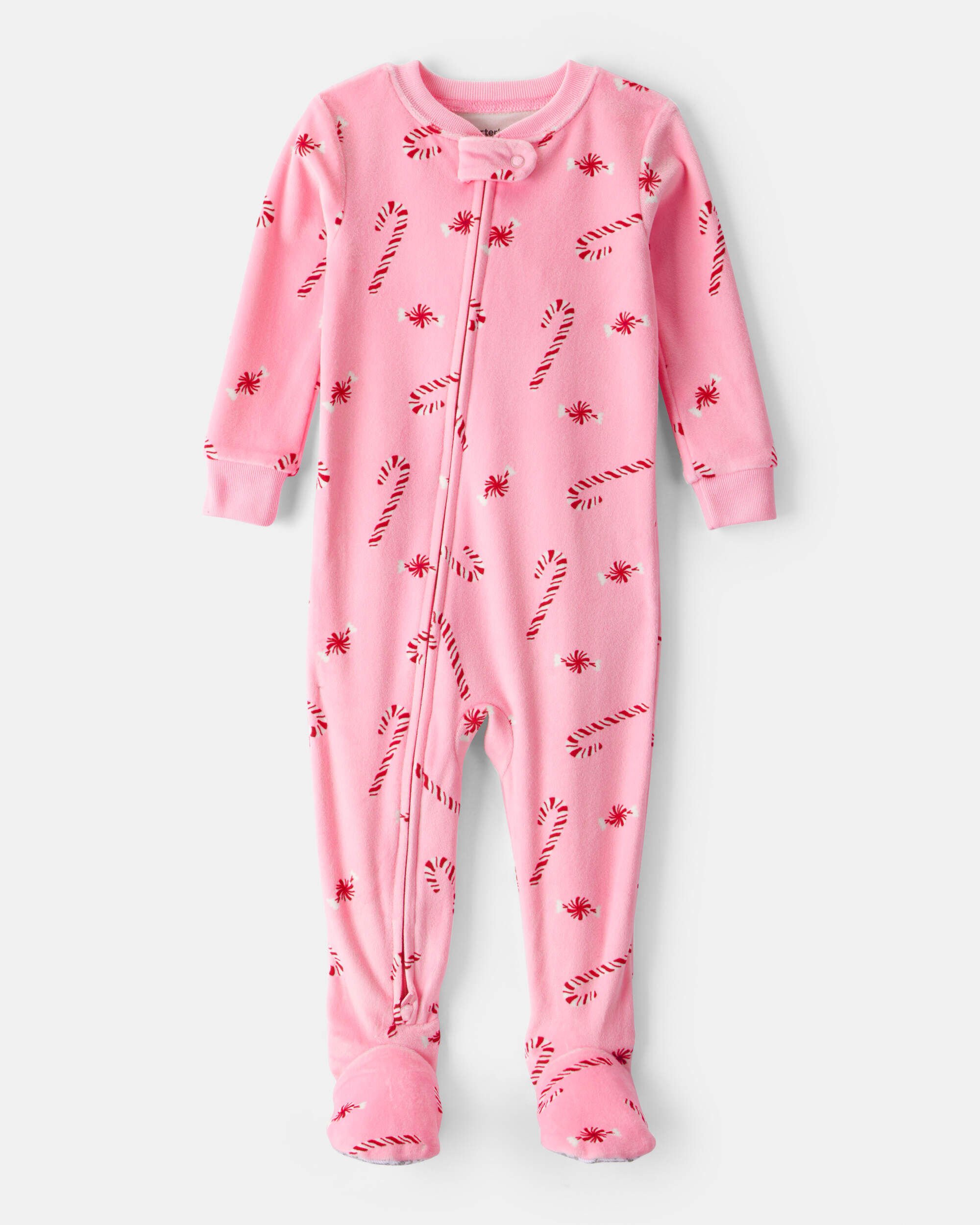 Baby Girl Pink Peppermints Velour Long-Sleeve Snug Fit 1-Piece Pajamas