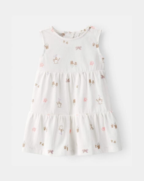 baby girl gardening print sleeveless dress - white