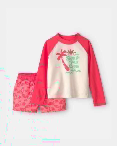 toddler boy 2-piece 'sandy toes club' rashguard swimsuit set - orange/ivory