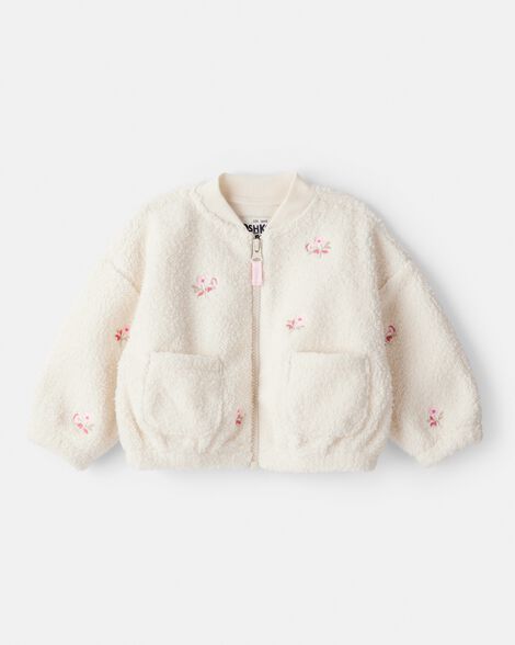 Baby Girl Floral Sherpa Bomber Jacket - Ivory