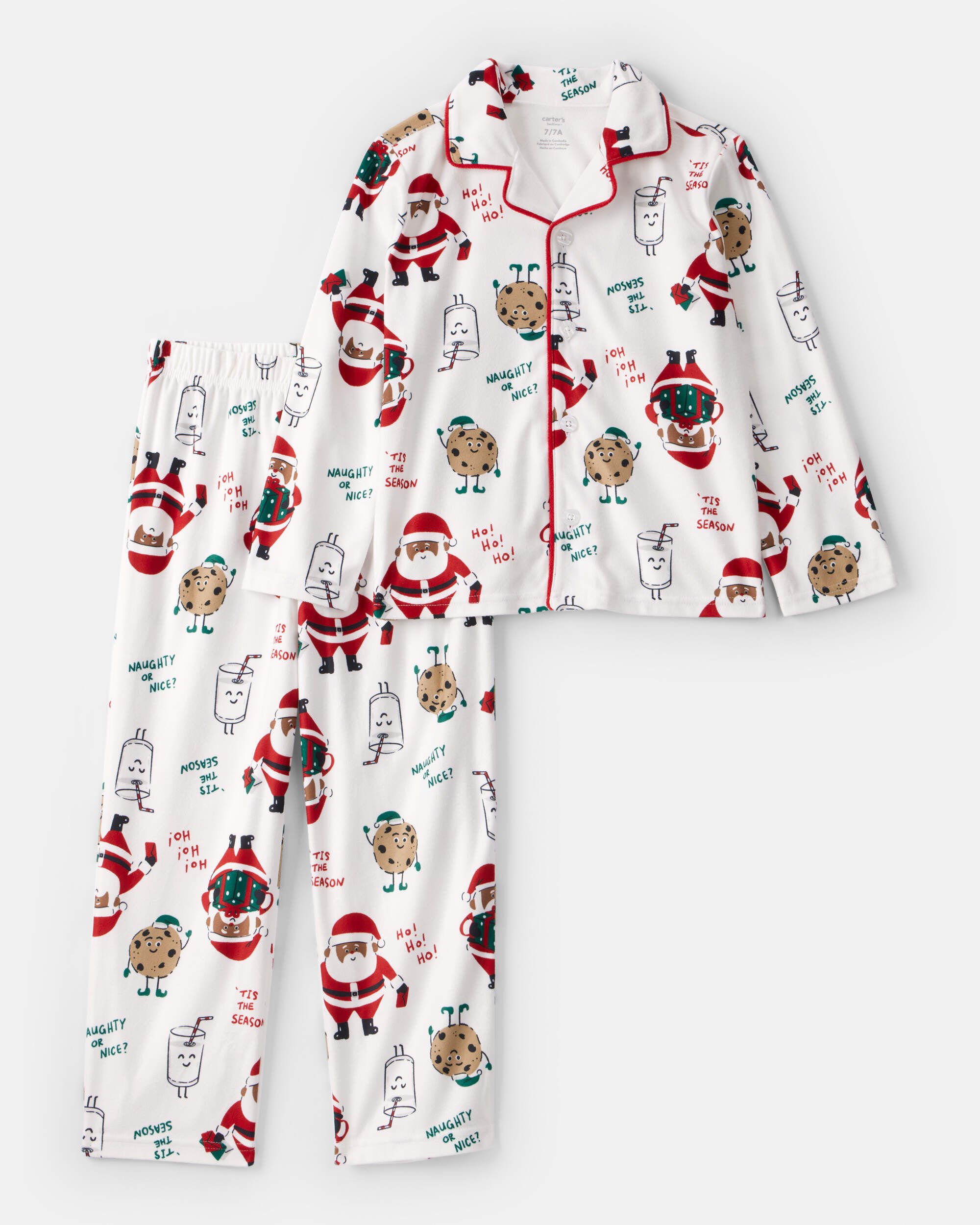 Kid Brown Santa Milk & Cookies Fleece Long-Sleeve Loose Fit 2-Piece Pajamas - White