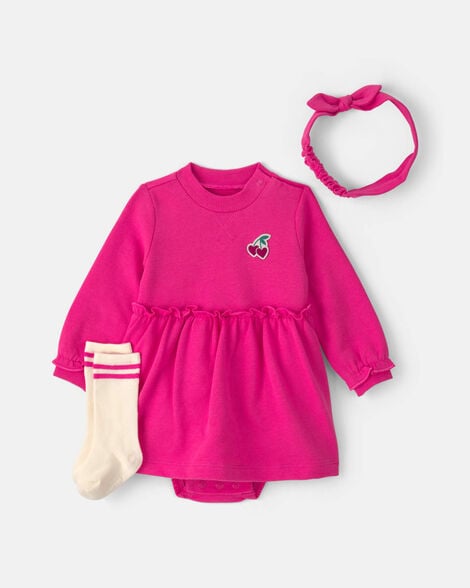 baby girl 3-piece cherry french terry long-sleeve dress set - pink