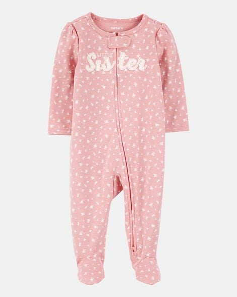 baby girl 'little sister' 2-way zip cotton sleep & play pajamas - pink