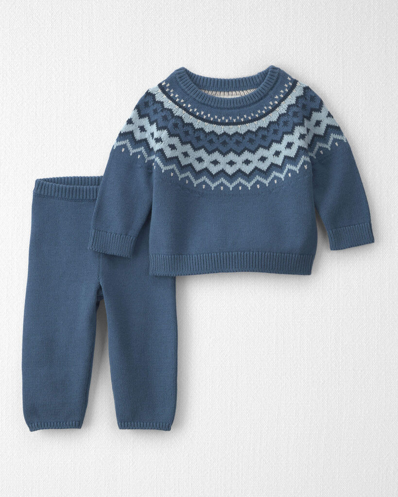 Little Planet Baby 2-Piece Organic Cotton Fair Isle Sweater Knit Top & Pant Set 12M Blue Fair Isle