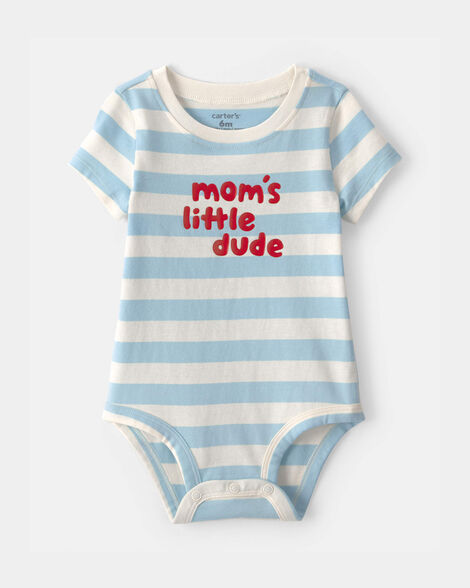 baby boy 'mom's little dude' striped graphic bodysuit - blue/ivory