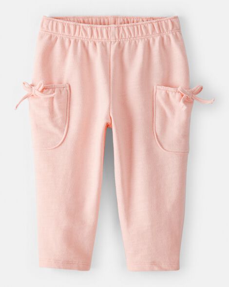 baby girl bow pocket french terry pants - coral