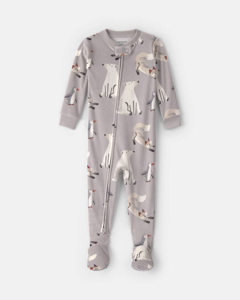 Carter's baby boy 1-piece winter animals 2-way zip dreamplush snug fit footed pajama 12M Grey