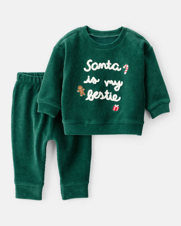 Product image 1 of Baby 2-Piece Santa Is My Bestie Long-Sleeve Tee & Pant Set - Green