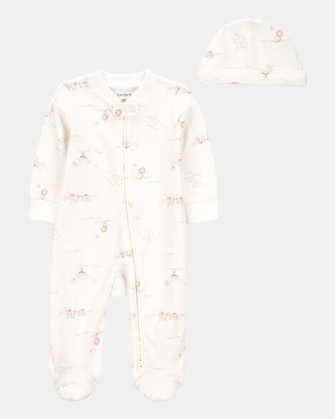 baby boy 2-piece 2-way zip sleep & play & cap set - cream