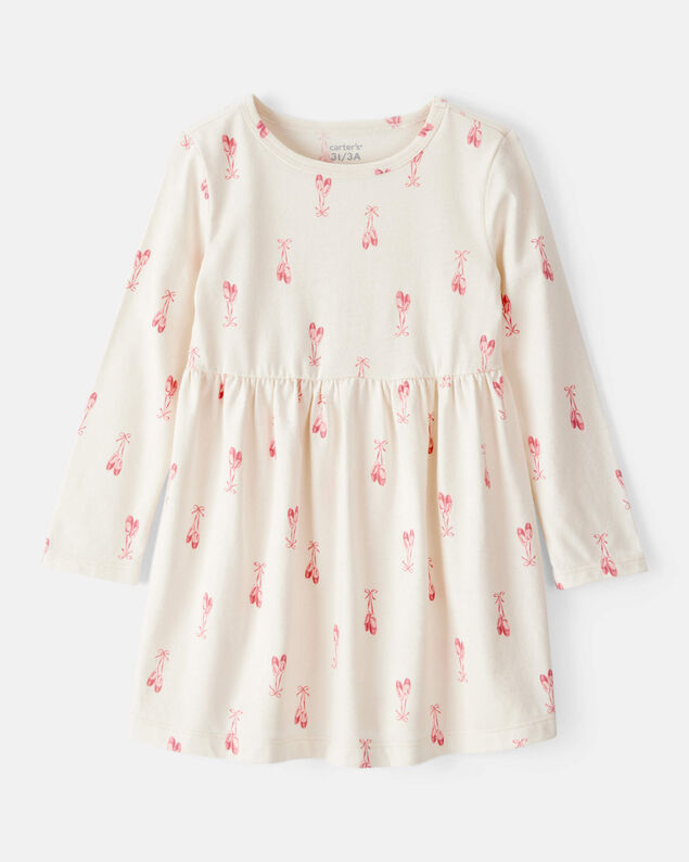 Product image 1 of Toddler Girl Ballet Slipper Print Long-Sleeve Dress - Ivory