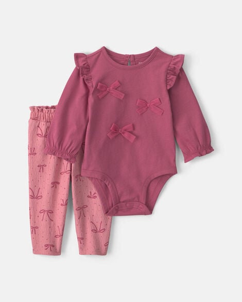 baby girl 2-piece bow long-sleeve bodysuit & pant set - pink
