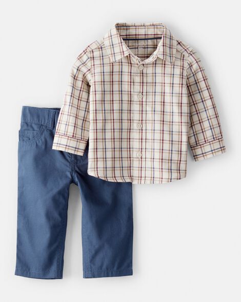 baby boy 2-piece plaid shirt & pant set - maroon/ivory