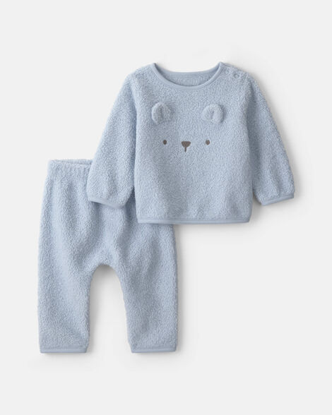 baby boy 2-piece bear fleece long-sleeve top & pant set - blue