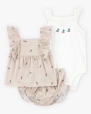 Product image 1 of Baby 3-Piece Striped Cherry Print  Outfit Set - White/Pink