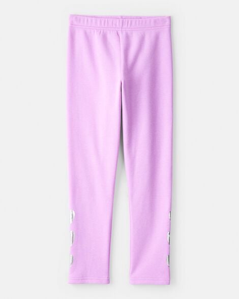 girls metallic heart cozy fleece pull-on stretch leggings - purple