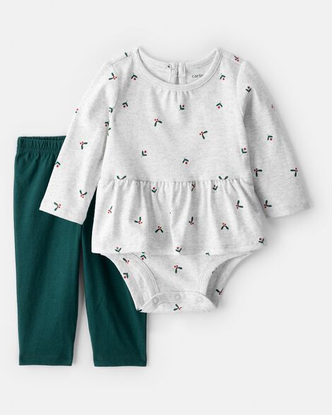 baby girl 2-piece bow print bodysuit & pant set - grey