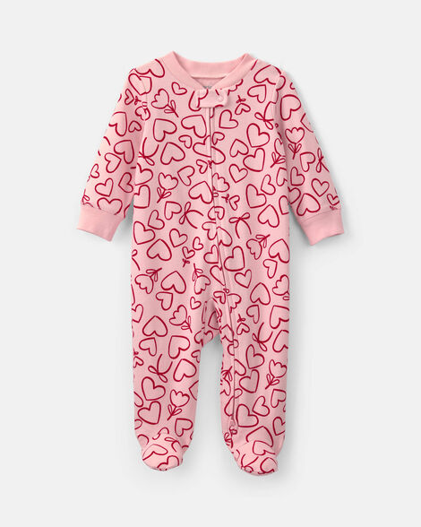 baby girl 2-way zip valentine's day cotton sleep & play pajamas - pink