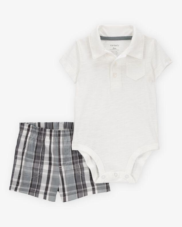 Product image 1 of Baby Boy 2-Piece Polo Bodysuit & Plaid Short Set - Ivory/Grey