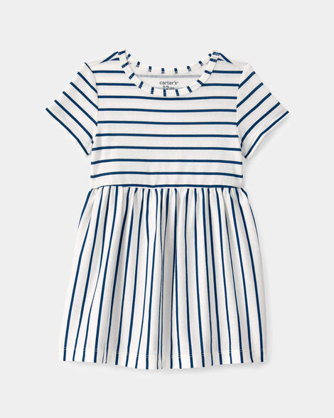 baby girl striped short-sleeve dress - blue/ivory