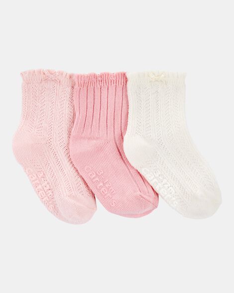 baby girl 3-pack pointelle booties - pink/white