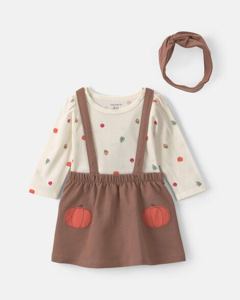 baby girl 3-piece thanksgiving long-sleeve dress set - cream/brown