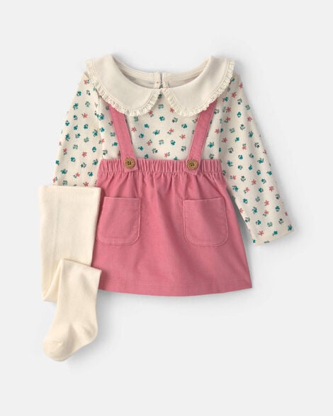 baby girl 3-piece floral corduroy long-sleeve dress set - pink/cream