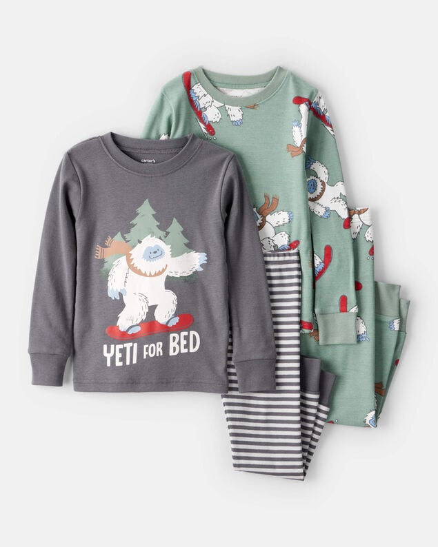 Product image 1 of Baby Boy Yeti Print 100% Cotton Long-Sleeve Snug Fit 4-Piece Pajamas - Green/Grey