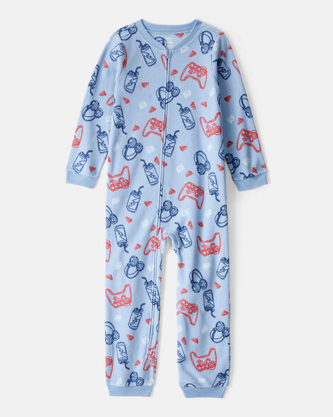 boys video games print loose fit long-sleeve zip-up 1-piece pajamas - blue