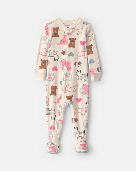 toddler girl 1-piece pets dreamplush snug fit footed pajama - cream
