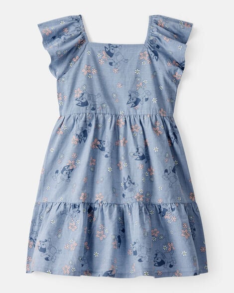 toddler girl bluey floral print denim dress - blue