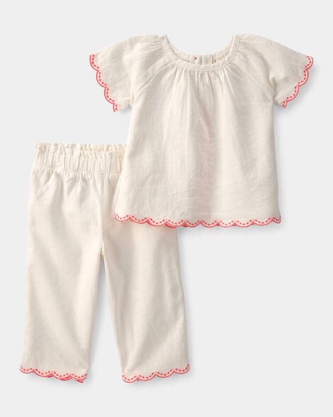baby girl 2-piece linen-like short-sleeve outfit set - cream