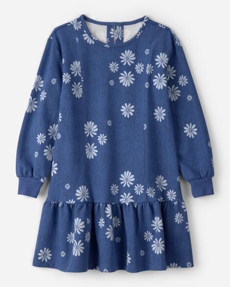 Girls Floral Print Long-Sleeve Dress - Blue
