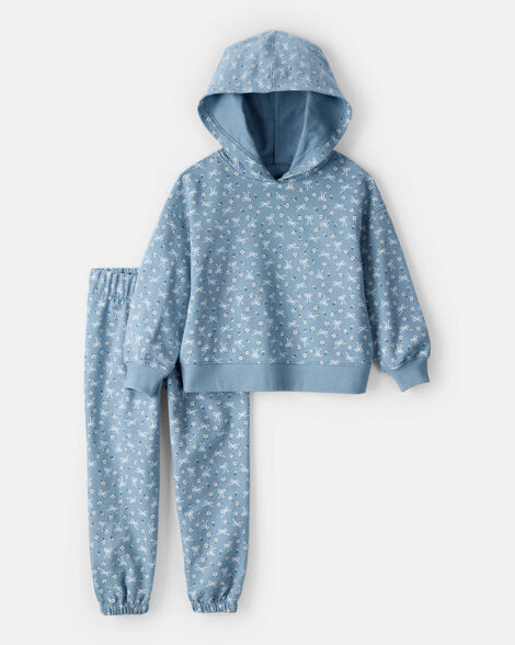 toddler girl 2-piece bow print cotton long-sleeve hoodie & pant set - blue