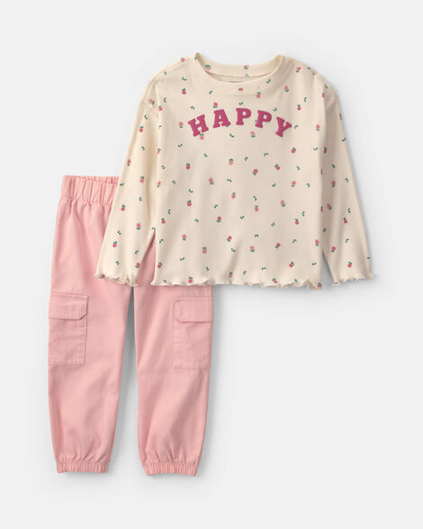 baby girl 2-piece 'happy' twill long-sleeve top & pant set - pink/cream