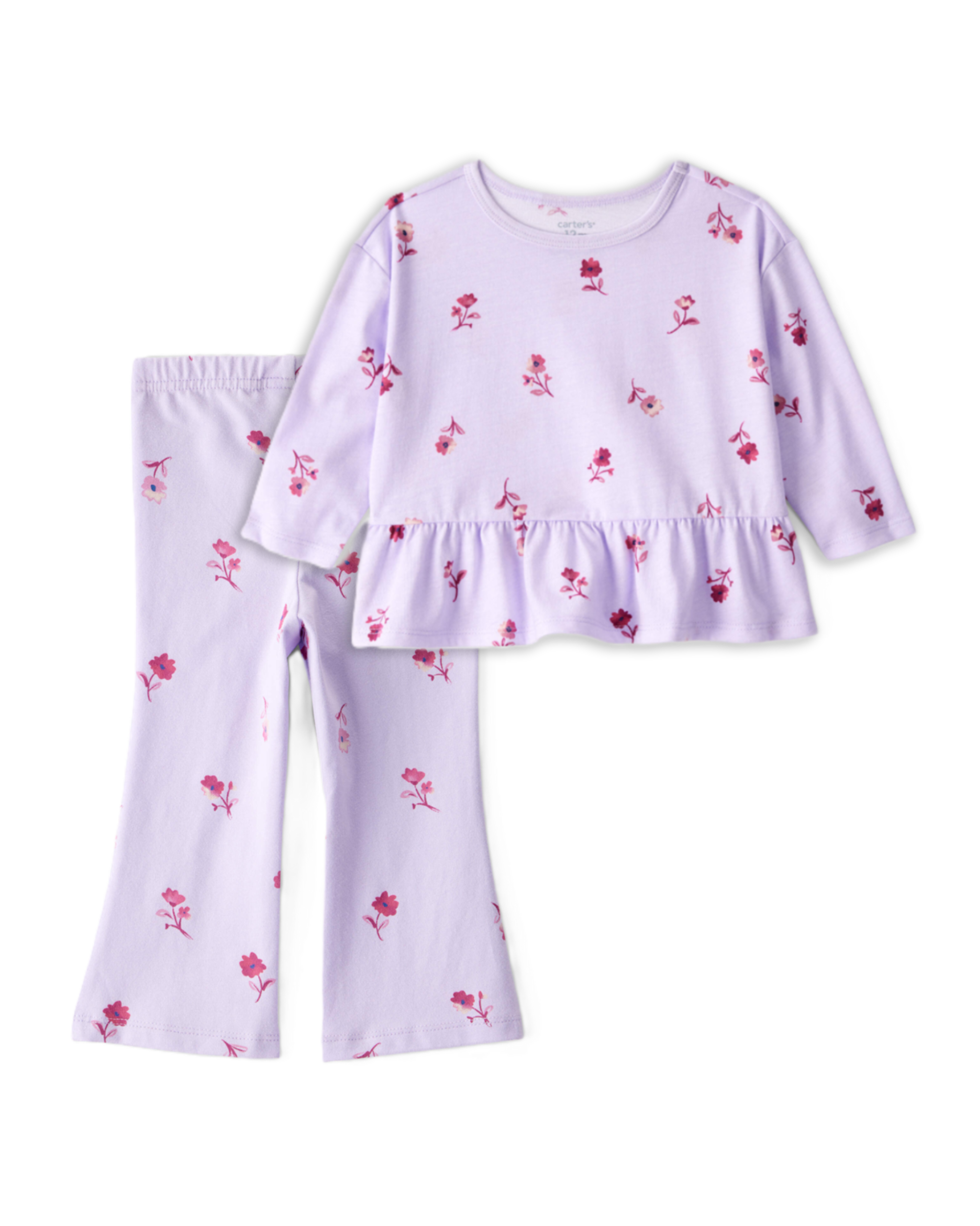 Baby Girl 2-Piece Floral Long-Sleeve Top & Flared Leggings Set - Purple
