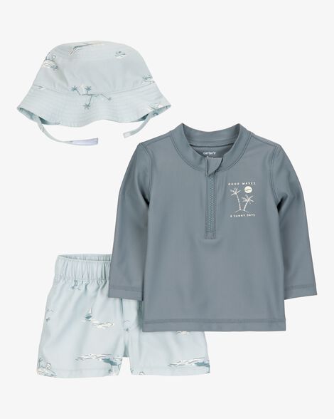  Product image 1 of Baby 3-Piece Long-Sleeve Rashguard, Swim Trunk & Swim Hat Set - Grey/Blue